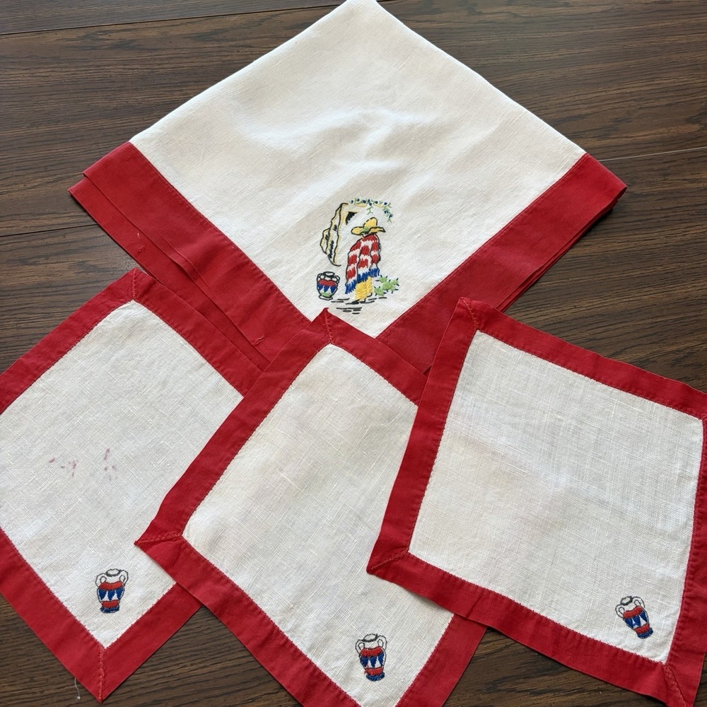 Vintage Mexicana Embroidered‎ Linen Topper Napkin Set Guests Cactus Decor